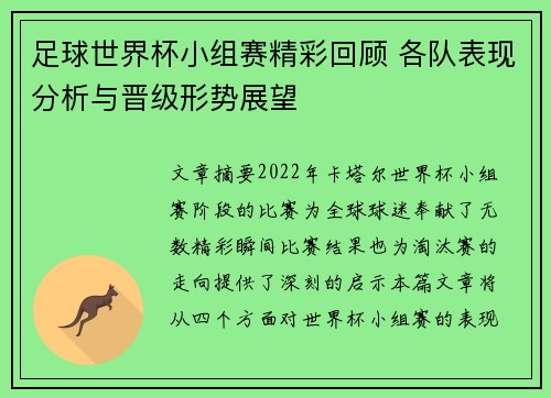 足球世界杯小组赛精彩回顾 各队表现分析与晋级形势展望